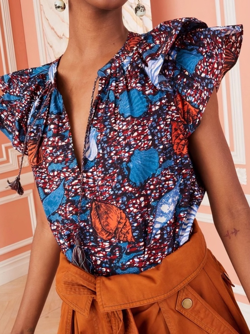 NWT Ulla Johnson Blouse Elm Flutter Sleeve in Azul Sea Shell Blue Red